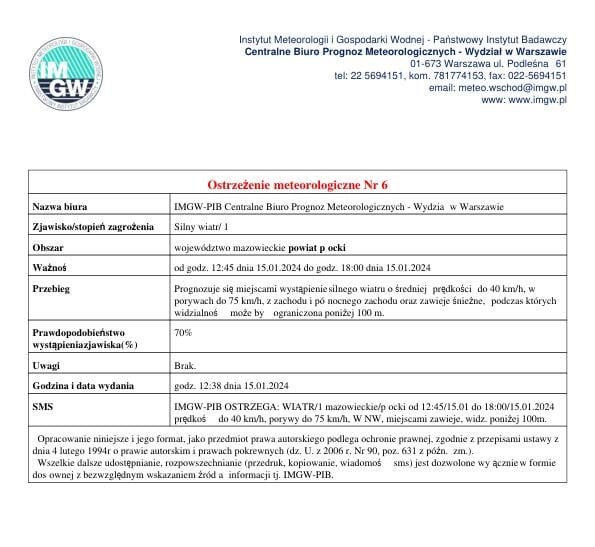 Dokument przedstawia ostrzeżenie meteorologiczne nr 6 wydane przez IMGW-PIB, informujące o silnym wietrze na terenie powiatu o cechach niebezpieczeństwa.