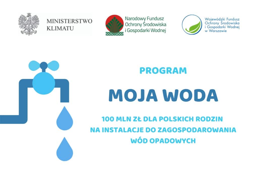 Grafika promująca program "Moja Woda", zawierająca informacje o dofinansowaniu 100 mln zł dla polskich rodzin na instalacje do zagospodarowania wód opadowych.