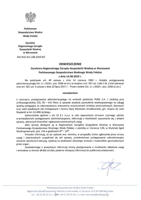 Obwieszczenie dotyczące postępowania administracyjnego w sprawie prowadzenia działalności przez PERN S.A. w Płocku.