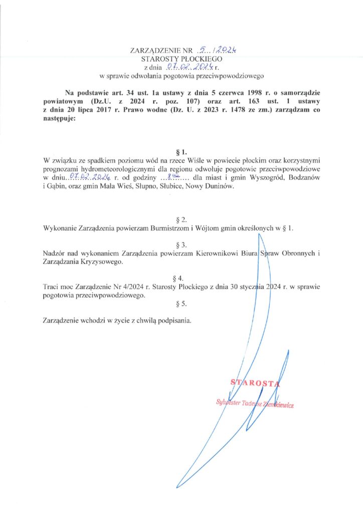 Dokument przedstawia zarządzenie Starosty Płockiego dotyczące odwołania pogotowia przeciwpowodziowego w związku ze spadkiem poziomu wód w rzece Wiśle.