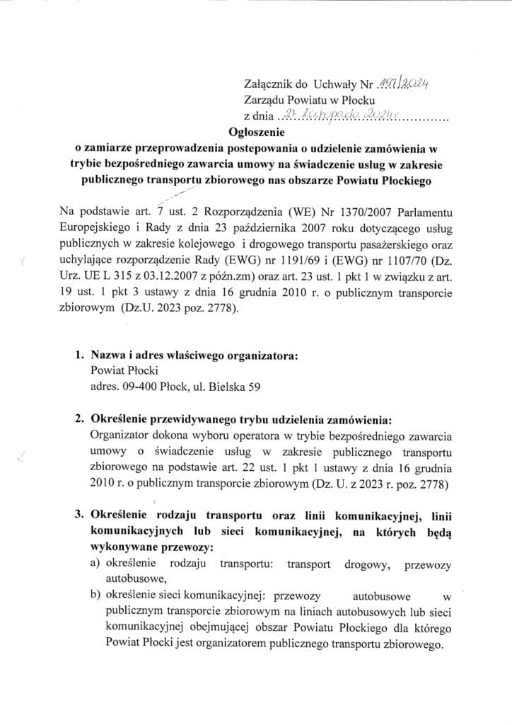 Ogłoszenie dotyczące zamierzenia przeprowadzenia postępowania w celu udzielenia zamówienia na usługi publicznego transportu zbiorowego na obszarze Powiatu Płockiego.