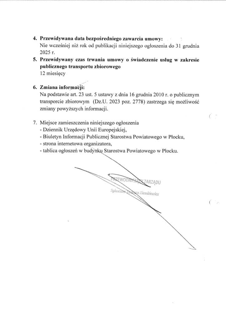 Dokument ogłoszenia dotyczący świadczenia usług publicznego transportu zbiorowego na rok 2025, zawierający informacje o terminach i miejscach publikacji.