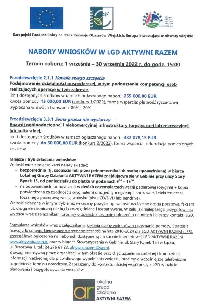 Plakat informujący o naborze wniosków w LGD Aktywni Razem, z datą od 1 do 30 września 2022 roku, zawierający szczegóły dotyczące dostępnych funduszy i wymogów składania aplikacji.