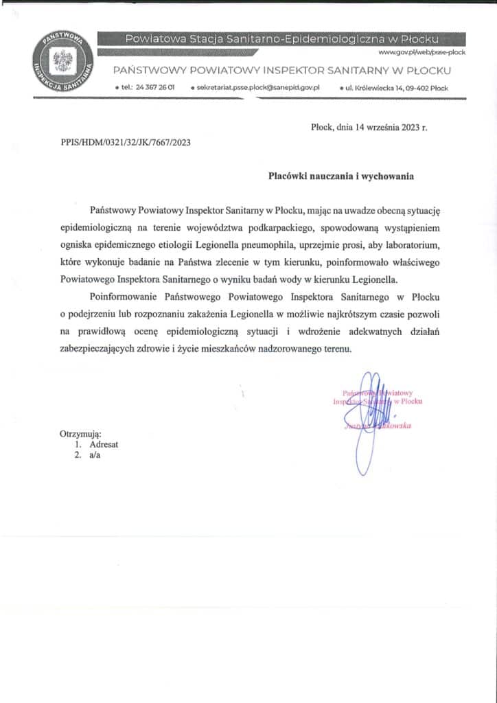 Skan pisma w Inspektora Sanitarnego