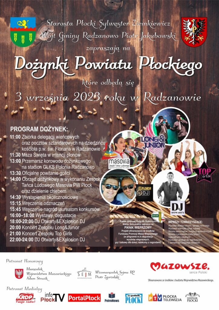 Plakat zapraszający na Dożynki Powiatu Płockiego, które odbędą się 3 września 2023 roku w Radzanowie, zawierający program wydarzeń i występujące zespoły.