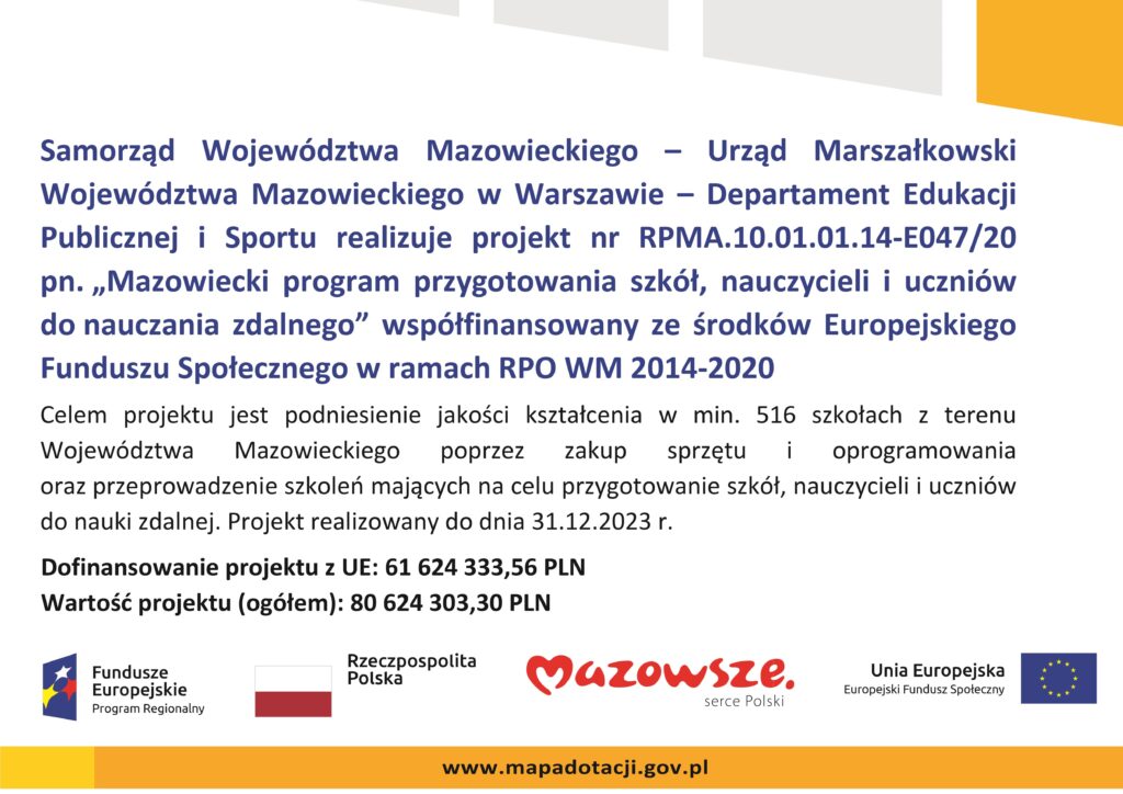 Plakat promujący projekt „Mazowiecki program przygotowania szkół, nauczycieli i uczniów do nauczania zdalnego”, mający na celu podniesienie jakości kształcenia w województwie mazowieckim.