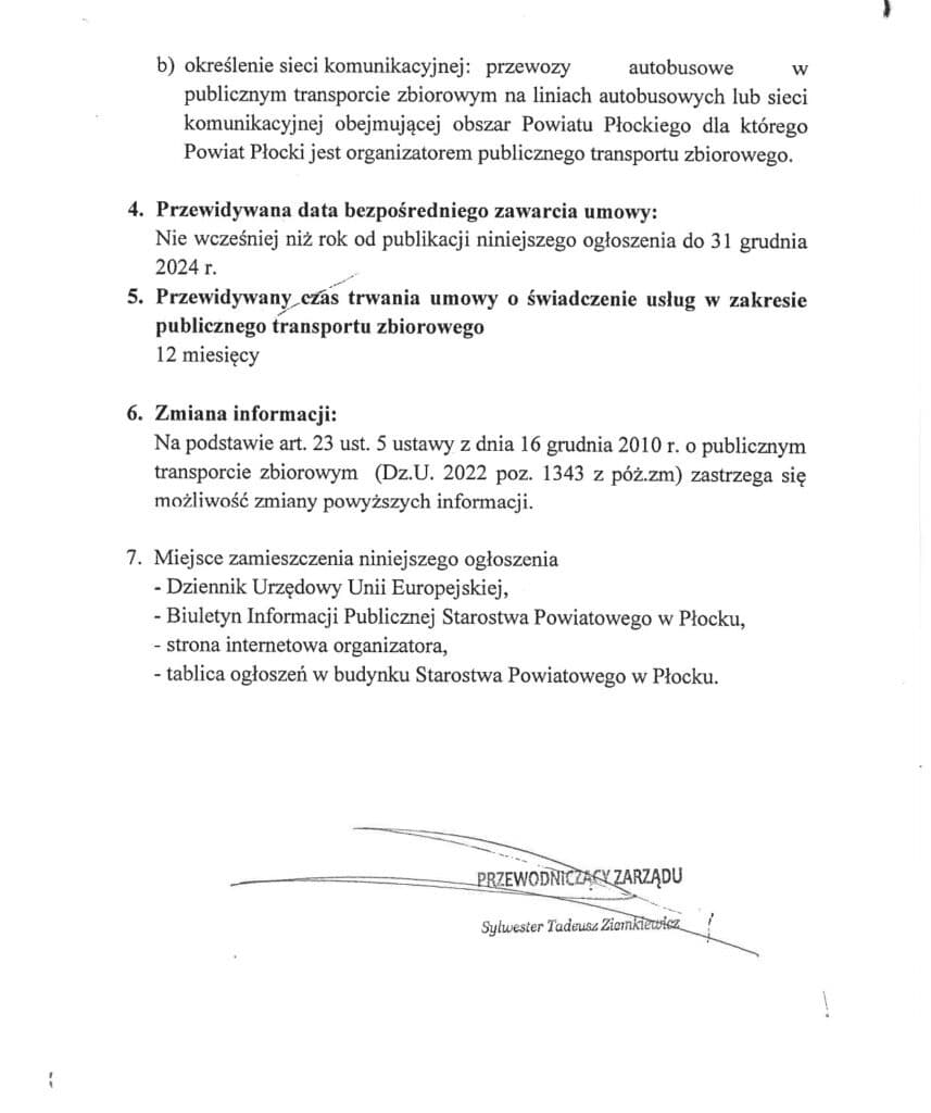 Dokument ogłoszenia dotyczący publicznego transportu zbiorowego w Powiecie Płockim, zawierający informacje o umowach, okresie obowiązywania oraz miejscach publikacji.