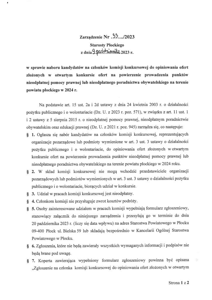 Dokument dotyczący naboru kandydatów na członków komisji konkursowej do opiniowania ofert w otwartym konkursie na prowadzenie punktów nieodpłatnej pomocy prawnej w powiecie płockim w 2024 roku.