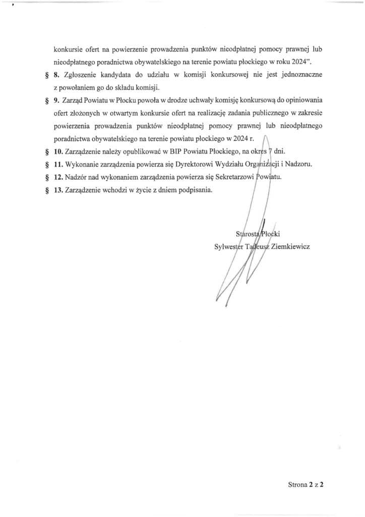 Dokument zawierający zarządzenie dotyczące naboru kandydatów na członków komisji konkursowej do opiniowania ofert w sprawie nieodpłatnej pomocy prawnej w Powiecie Płockim na rok 2024.