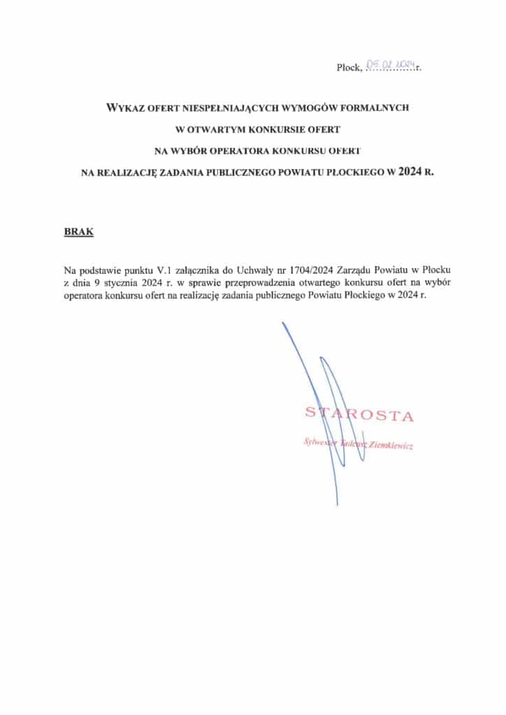 Dokument przedstawia wykaz ofert niespełniających wymogów formalnych w otwartym konkursie ofert na wybór operatora konkursu dla Powiatu Płockiego w 2024 roku.