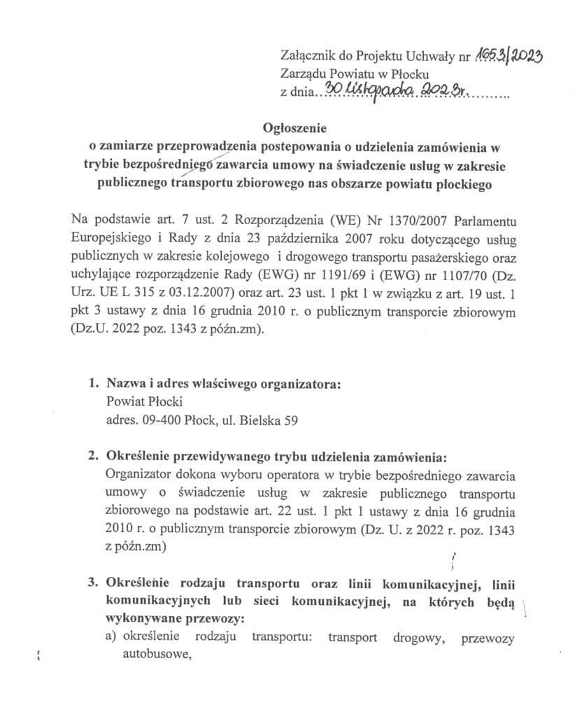 Ogłoszenie o zamiarze przeprowadzenia postępowania w trybie bezpośredniego zawarcia umowy na świadczenie usług publicznego transportu zbiorowego na obszarze powiatu płockiego.