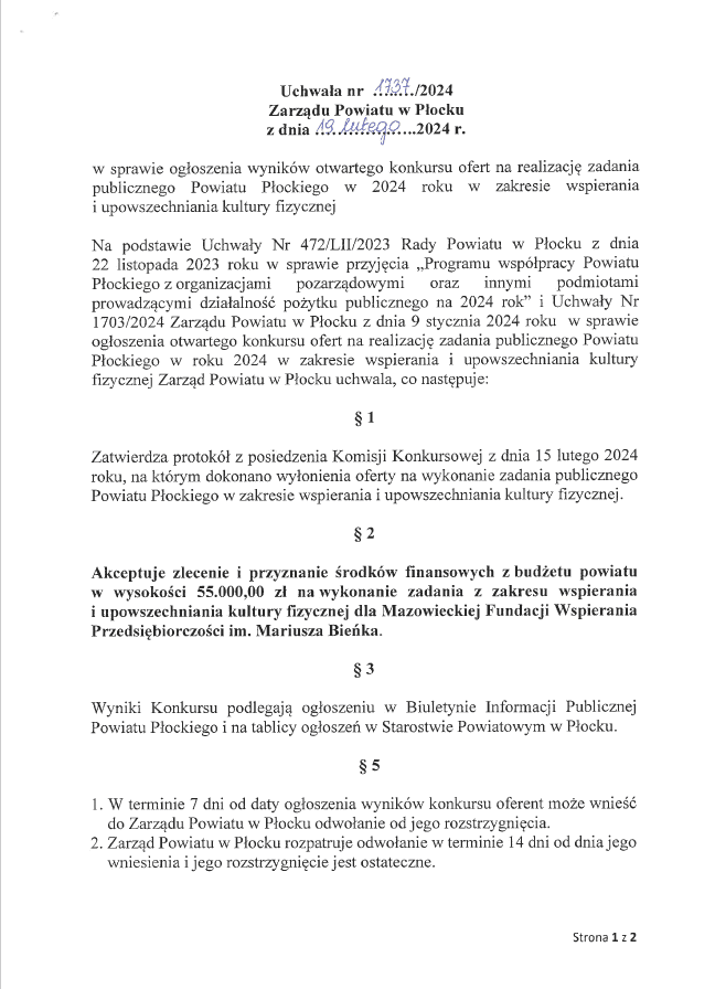 Uchwała Zarządu Powiatu Płockiego dotycząca wyników otwartego konkursu ofert na wspieranie kultury fizycznej w 2024 roku.