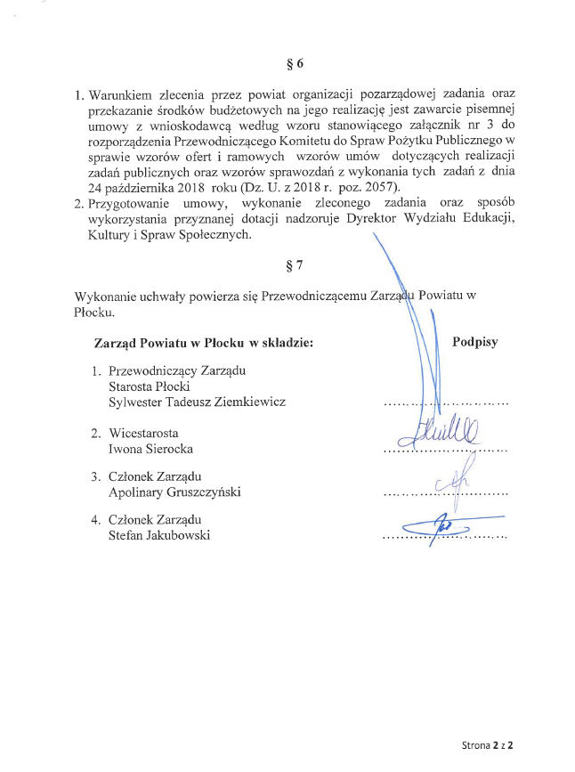 Dokument przedstawia uchwałę Zarządu Powiatu w Płocku z odniesieniem do realizacji zadań publicznych oraz skład zarządu.