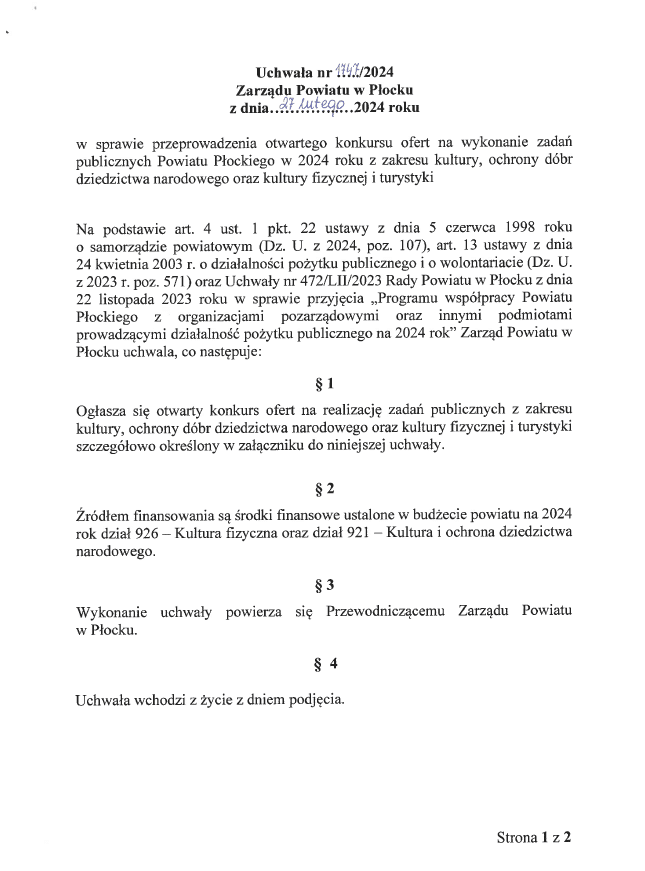 Uchwała Zarządu Powiatu w Płocku dotycząca przeprowadzenia otwartego konkursu ofert na wykonanie zadań publicznych w zakresie kultury, ochrony dóbr dziedzictwa narodowego oraz kultury fizycznej i turystyki w 2024 roku.