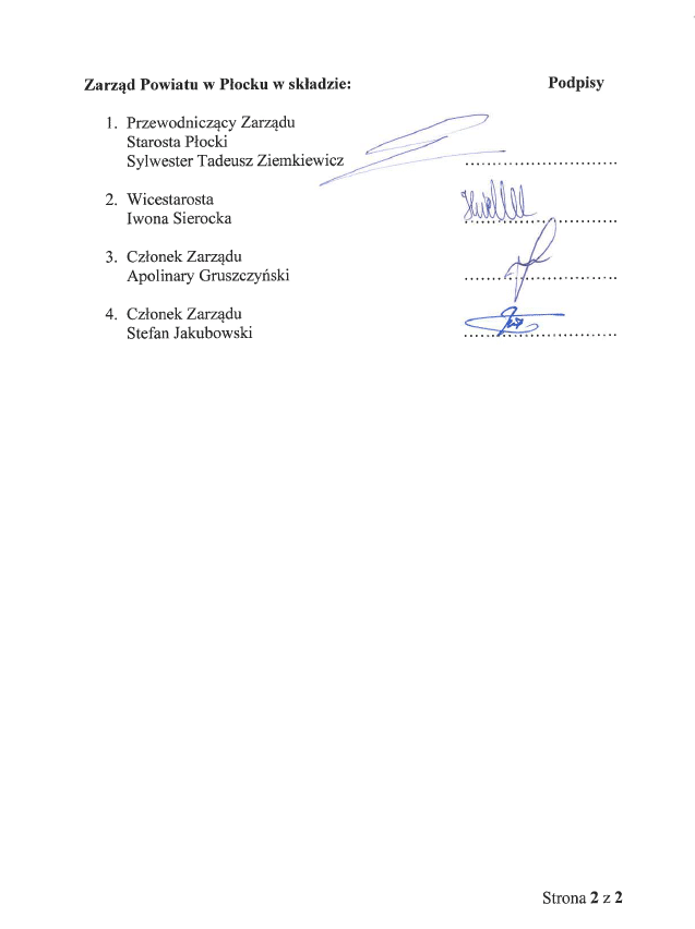 Zdjęcie przedstawia uchwałę Zarządu Powiatu w Płocku, zawierającą podpisy członków zarządu w sprawie przeprowadzenia otwartego konkursu ofert na zadania publiczne w 2024 roku.