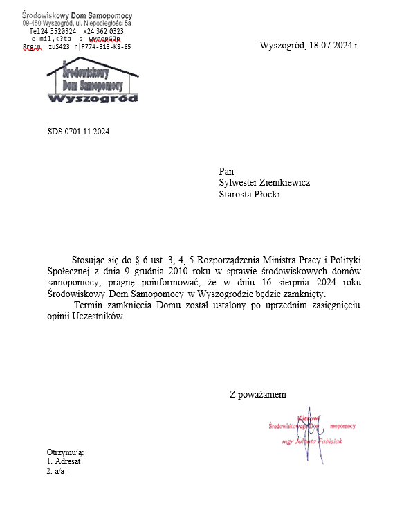 Pismo informujące o zamknięciu Środowiskowego Domu Samopomocy w Wyszogrodzie w dniu 16 sierpnia 2024 roku.