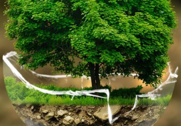 Plakat z okazji Dnia Drzewa przedstawiający zielone drzewo z informacjami o ochronie lasów oraz zachęcający do sadzenia drzew.