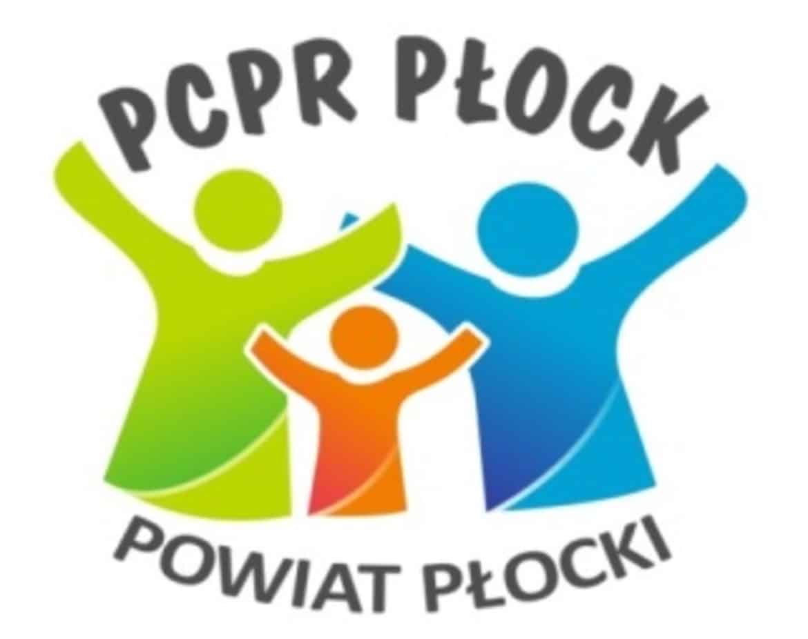 Logo PCPR Płock przedstawiające grupę kolorowych postaci ludzkich z uniesionymi rękami, symbolizujące wsparcie i współpracę w społeczności.