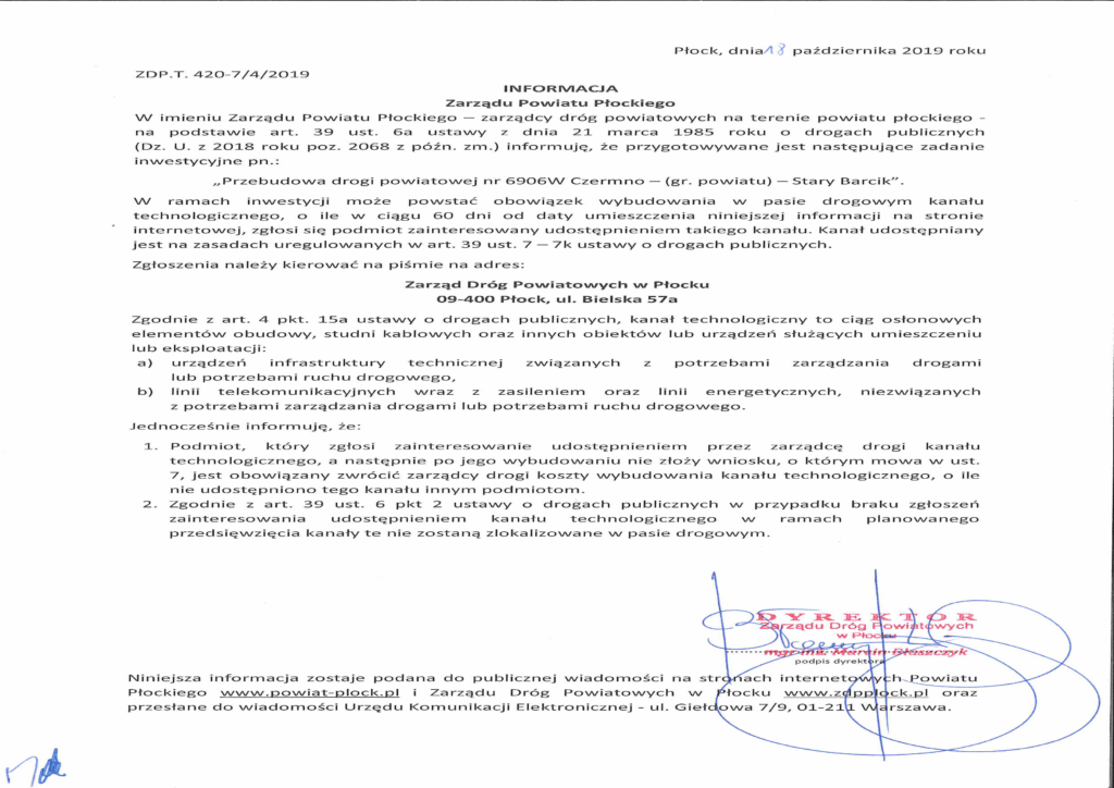Dokument informacyjny Zarządu Dróg Powiatowych w Płocku dotyczący przebudowy drogi powiatowej nr 6906W Czerwno — Stary Barcik.