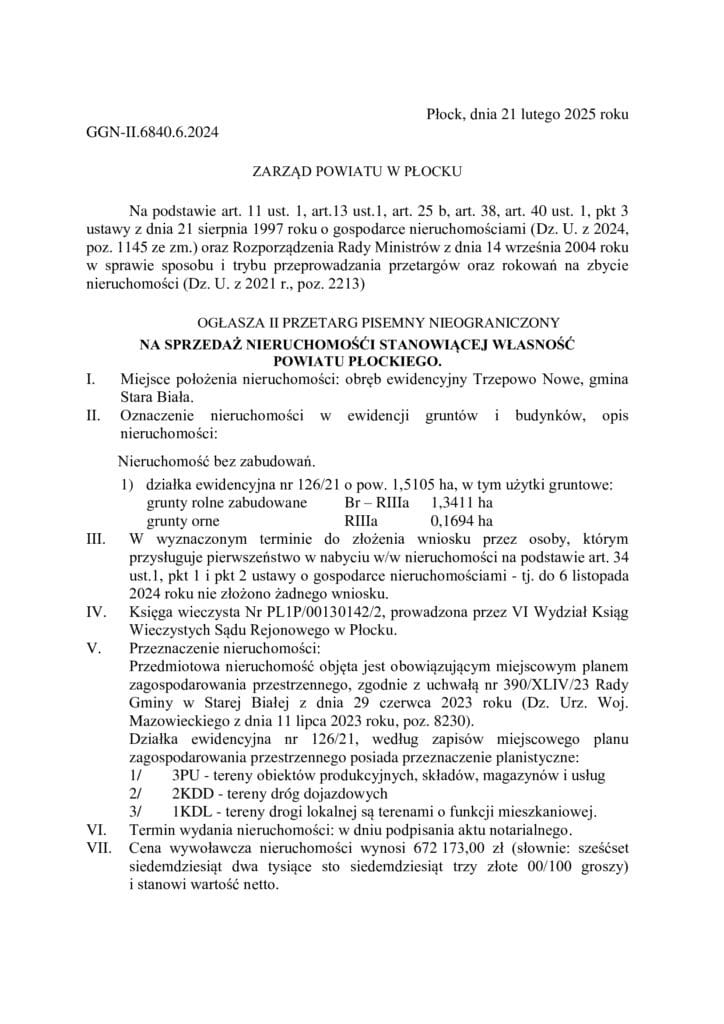 Ogłoszenie o II przetargu pisemnym nieograniczonym na sprzedaż nieruchomości należącej do powiatu płockiego, w którego treści zawarte są szczegóły lokalizacji, przeznaczenia oraz warunki przetargu.