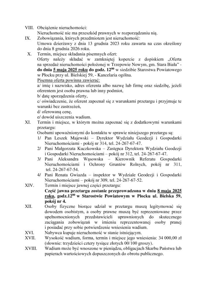 Dokument zawiera ogłoszenie o II przetargu pisemnym na sprzedaż nieruchomości w Trzepowie Nowym, z terminem składania ofert do 5 maja 2025 roku.