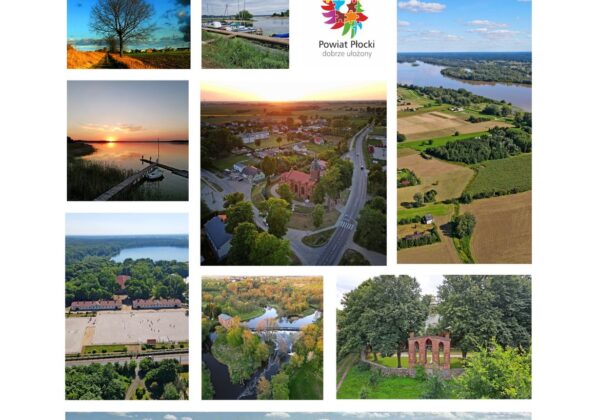 Kolaż zdjęć przedstawiający piękne krajobrazy powiatu płockiego z okazji Dnia Krajobrazu 2023 oraz logo Powiatu Płockiego.