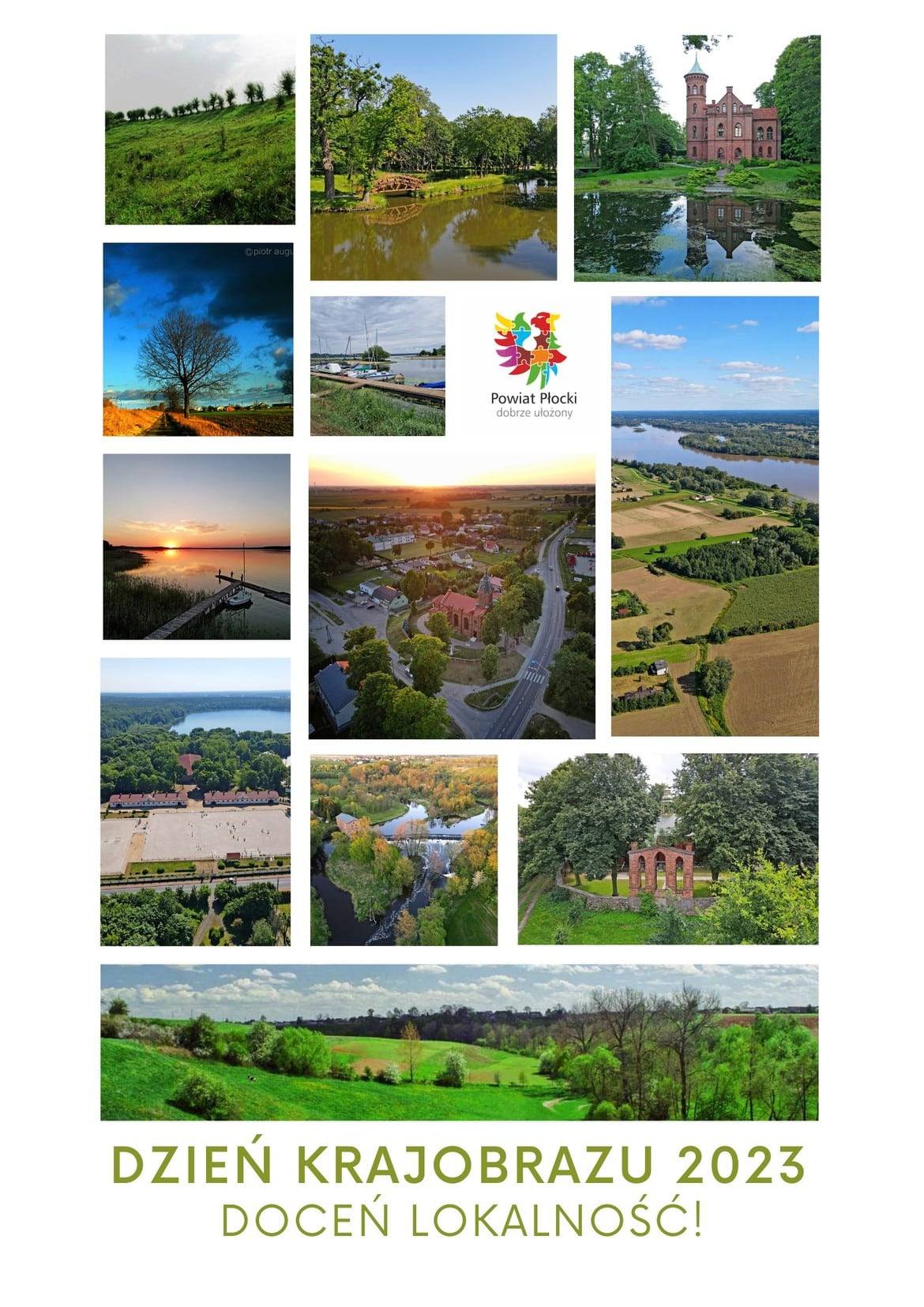 Kolaż zdjęć przedstawiający piękne krajobrazy powiatu płockiego z okazji Dnia Krajobrazu 2023 oraz logo Powiatu Płockiego.