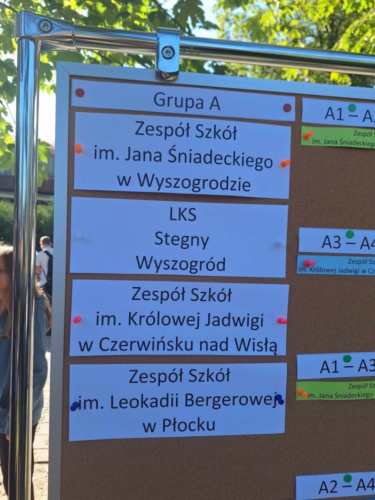 Na zdjęciu przedstawiona jest plansza z informacjami o grupach szkół biorących udział w wydarzeniu, w tym Zespół Szkół im. Jana Śniadeckiego w Wyszogrodzie, Zespół Szkół im. Królowej Jadwigi w Czerwińsku nad Wisłą oraz Zespół Szkół im. Leokadii Bergerowej w Płocku.