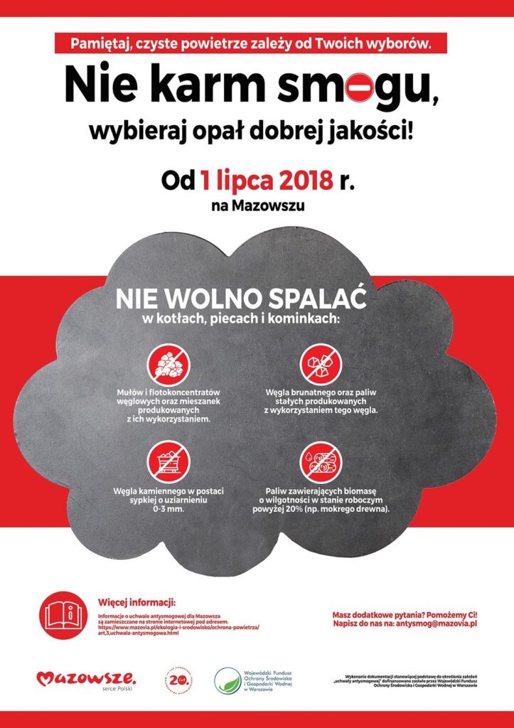 Plakat informujący o zakazie spalania niektórych rodzajów paliw w kotłach, piecach i kominkach na Mazowszu, z datą wprowadzenia zakazu od 1 lipca 2018 roku.