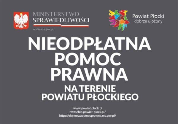 Grafika informacyjna dotycząca nieodpłatnej pomocy prawnej dostępnej na terenie powiatu płockiego, z logo Ministerstwa Sprawiedliwości i herbem powiatu.