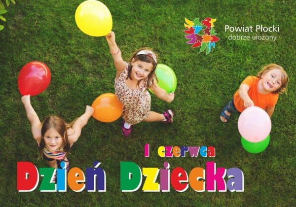 Na zdjęciu widać trzy radosne dzieci trzymające kolorowe balony na tle zielonej trawy, z napisem "1 czerwca Dzień Dziecka".