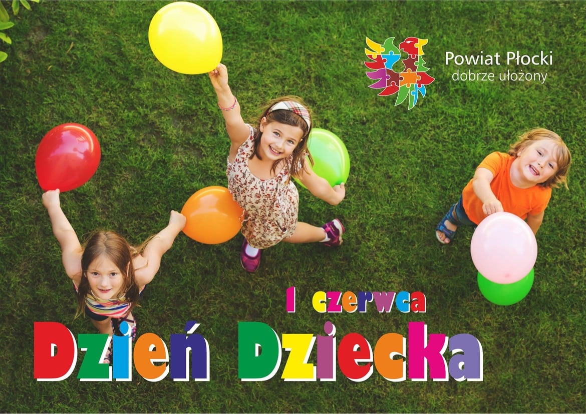 Na zdjęciu widać trzy radosne dzieci trzymające kolorowe balony na tle zielonej trawy, z napisem "1 czerwca Dzień Dziecka".