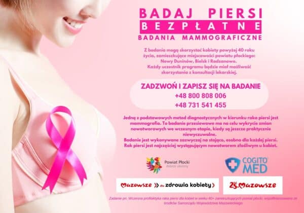 Grafika promująca darmowe badania mammograficzne dla kobiet powyżej 40. roku życia, z różowym wstążką jako symbolem walki z rakiem piersi oraz informacjami kontaktowymi.