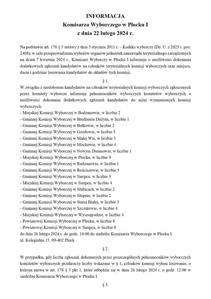 Dokument informacyjny dotyczący możliwości zgłaszania kandydatów do komisji wyborczych w Płocku, datowany na 22 lutego 2024 roku.