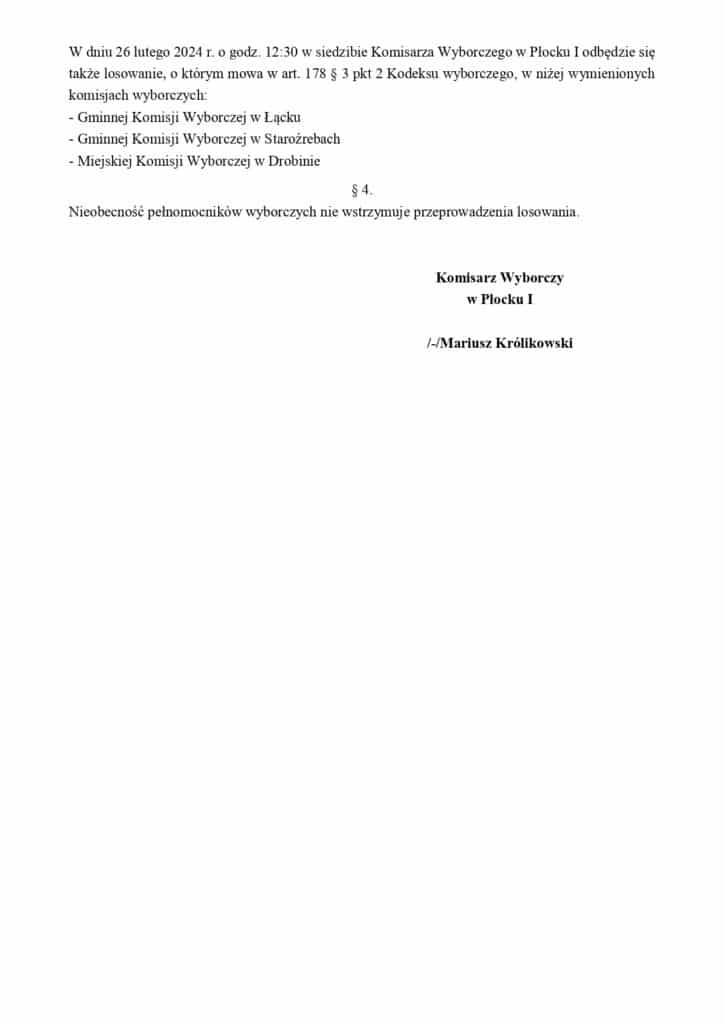 Informacja o losowaniach w komisjach wyborczych w Płocku, która odbędzie się 26 lutego 2024 roku.