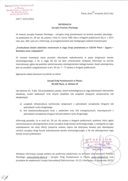 Na zdjęciu widoczny jest dokument informacyjny dotyczący inwestycji związanej z przebudową obiektów mostowych w Płocku.
