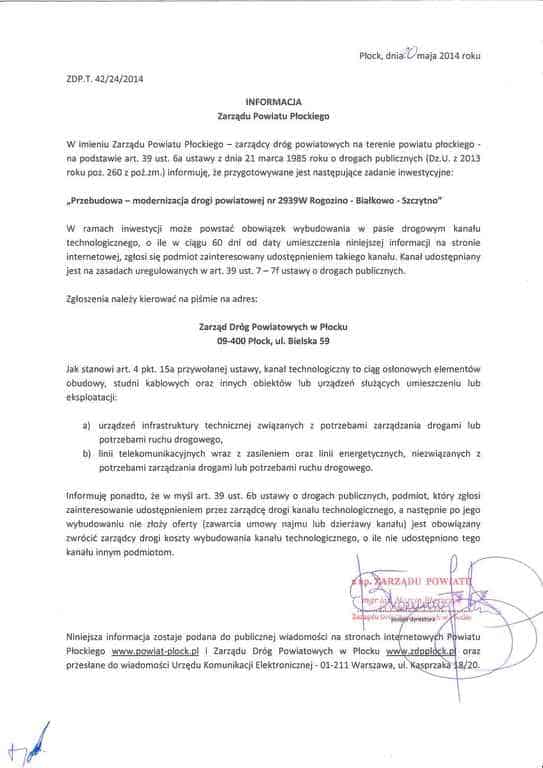 Zdj. przedstawia dokument informacyjny Zarządu Powiatu Płockiego dotyczący przebudowy i modernizacji drogi powiatowej 2939W Rogozino - Białkowo - Szczytno.