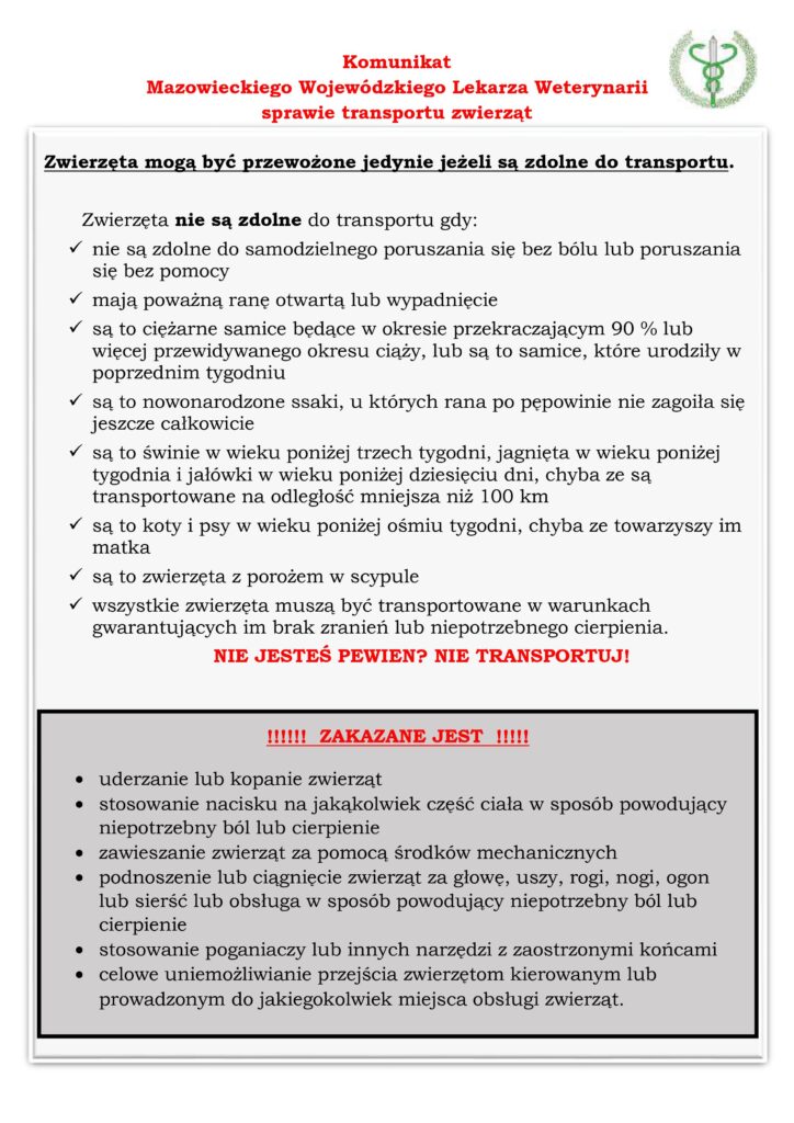 Komunikat Mazowieckiego Wojewódzkiego Lekarza Weterynarii dotyczący zasad transportu zwierząt oraz przepisów ograniczających przewóz tych, które nie są zdolne do samodzielnego poruszania się.