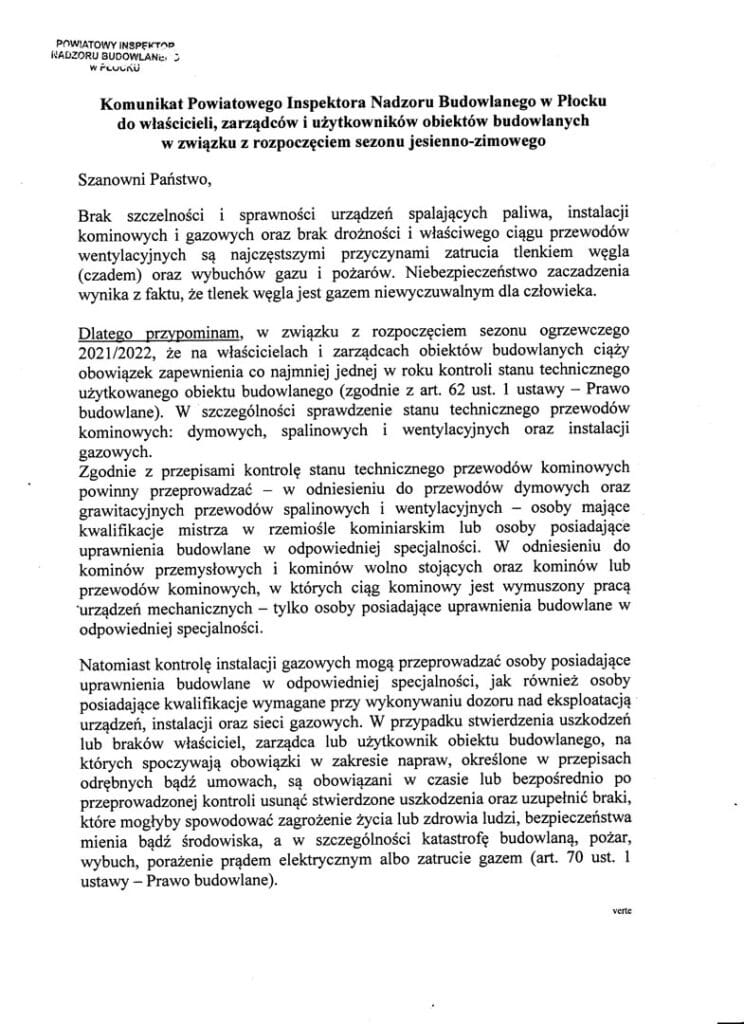 Komunikat Powiatowego Inspektora Nadzoru Budowlanego w Płocku dotyczący obowiązkowych kontroli technicznych obiektów budowlanych przed sezonem jesienno-zimowym.