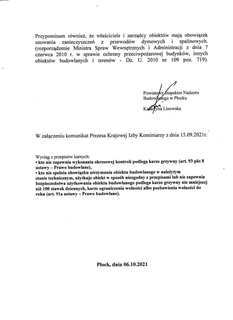 Komunikat Powiatowego Inspektora Nadzoru Budowlanego w Płocku dotyczący obowiązków właścicieli i zarządców obiektów budowlanych w związku z nadchodzącym sezonem jesienno-zimowym.