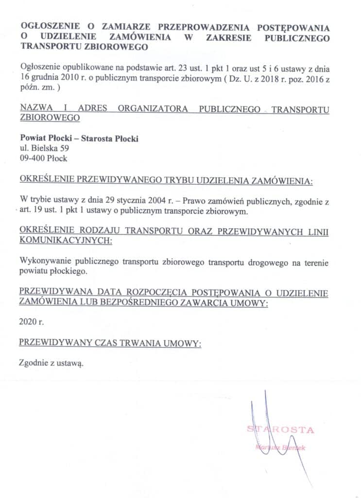 Ogłoszenie o zamiarze przeprowadzenia postępowania w zakresie publicznego transportu zbiorowego w powiecie płockim.