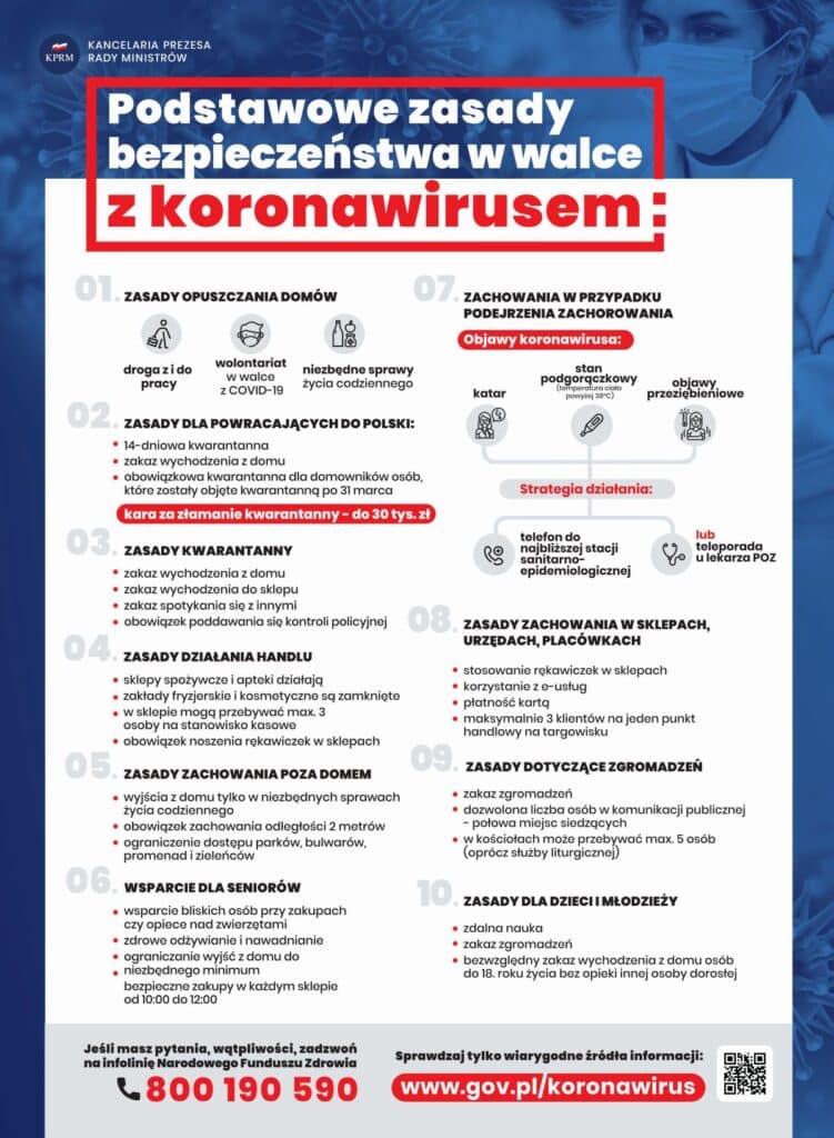 Plakat przedstawiający podstawowe zasady bezpieczeństwa w walce z koronawirusem, zawierający informacje o kwarantannie, zasadach wychodzenia z domu oraz zachowaniach w przypadku podejrzenia zachorowania.