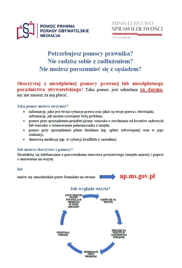 Plakat informacyjny oferujący bezpłatną pomoc prawną oraz poradnictwo obywatelskie dla osób borykających się z trudnościami prawnymi, finansowymi lub sąsiedzkimi.