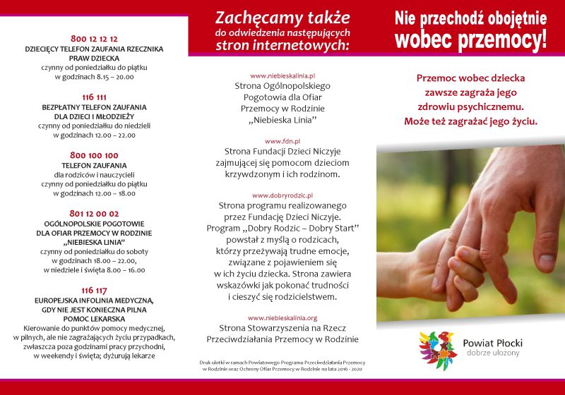 Plakat informacyjny na temat wsparcia ofiar przemocy w rodzinie, zawierający numery infolinii oraz adresy stron internetowych wspierających dzieci i młodzież.