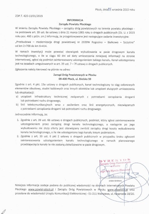 Na zdjęciu znajduje się dokument urzędowy dotyczący planowanej inwestycji w modernizację drogi powiatowej w miejscowości Rogozino.