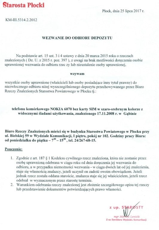 Wezwanie do odbioru depozytu zawierające informacje o znalezionym telefonie komórkowym NOKIA 6070.