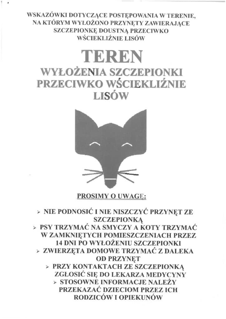 Plakat informujący o wyłożeniu szczepionki przeciw wściekliźnie dla lisów, z zaleceniami dotyczącymi postępowania w terenie.