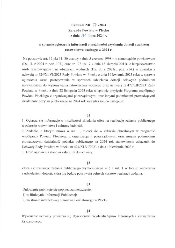 Uchwała nr 74/2024 dotycząca możliwości uzyskania dotacji z zakresu ratownictwa wodnego na rok 2024, przyjęta przez Zarząd Powiatu w Płocku.
