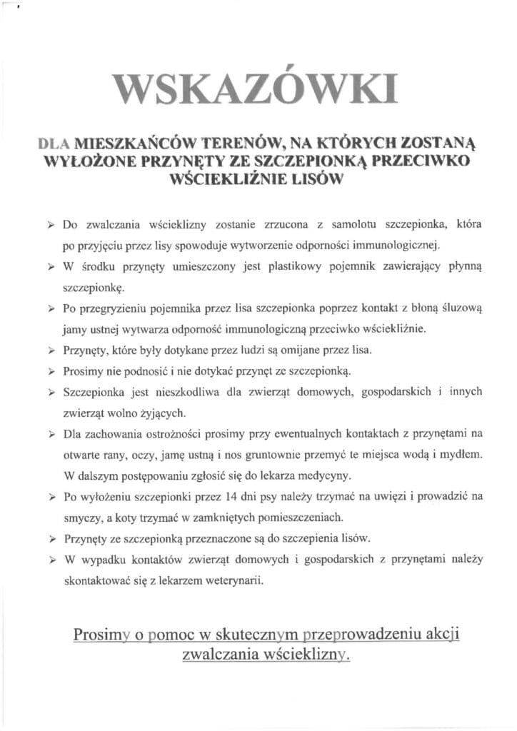 Zdjęcie przedstawia dokument z instrukcjami od Mazowieckiego Wojewódzkiego Lekarza Weterynarii dotyczącymi działań związanych ze szczepieniem lisów przeciw wściekliźnie.