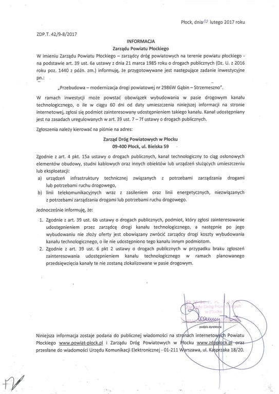 Dokument informacyjny Zarządu Powiatu Płockiego dotyczący inwestycji związanej z modernizacją drogi powiatowej Gąbin – Strzemiąż.